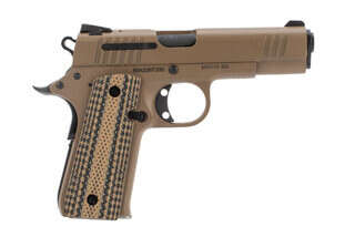Rock Island 1911 380 acp pistol features a compact size and FDE finish